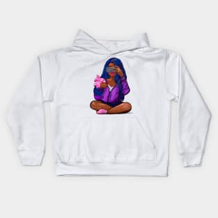 Cool edgy girl with natural afro hair in pink braids and camera phone black girl Magic. “African American woman”,teenager, African American teen Kids Hoodie